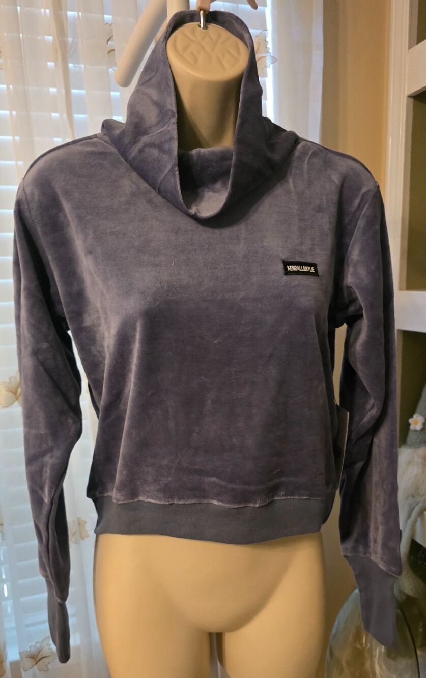 Kendall & Kylie High Cuff Boxy Velour Cowl Neck Top Blue/Gray Small NWT